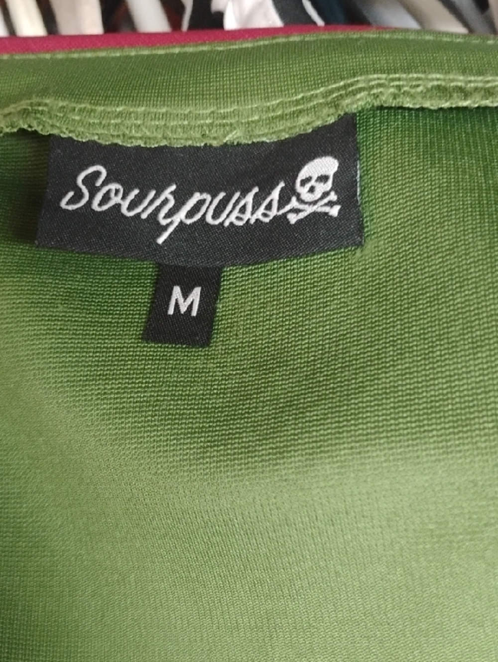 Sourpuss Olive Green Fit-and-Flare Dress with Black Waist and Red Trim - Picture 6 of 6